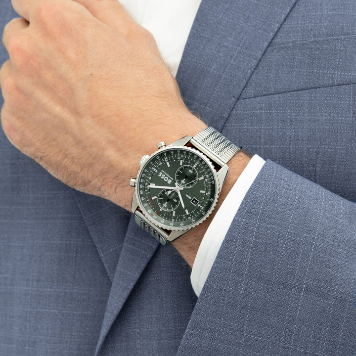 Boss Skytraveller Chronograph Mesh Watch Green Dial - Mococo