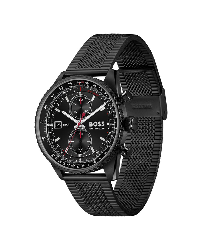 Boss Skytraveller Black Chronograph Mesh Watch Black Dial - Mococo
