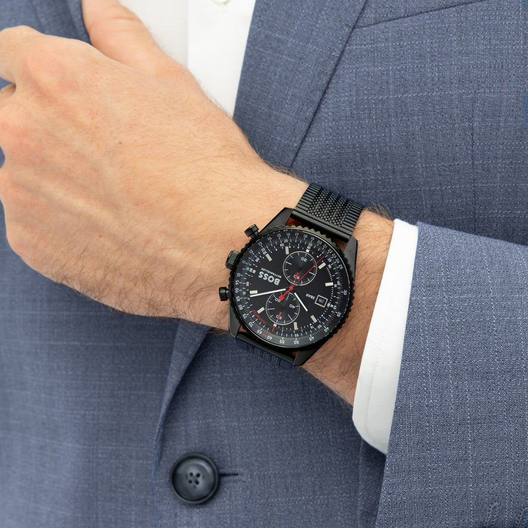 Boss Skytraveller Black Chronograph Mesh Watch Black Dial - Mococo