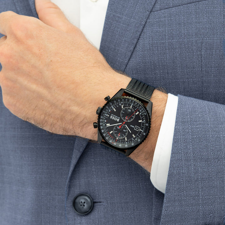 Boss Skytraveller Black Chronograph Mesh Watch Black Dial - Mococo