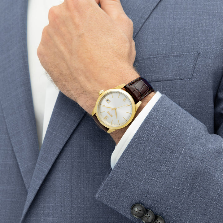 Boss Langford Gold-Tone Strap Watch Brown Leather - Mococo
