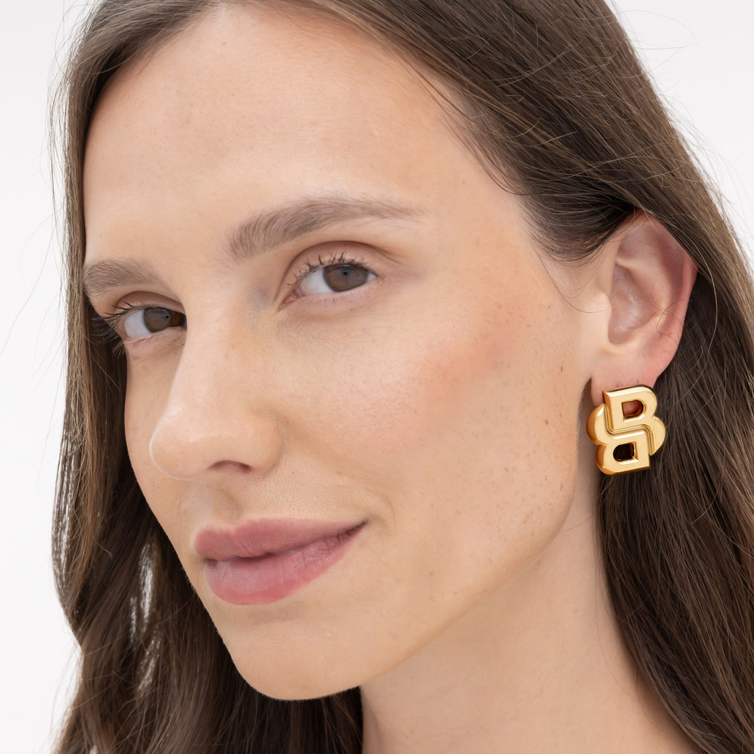 Boss Double B Gold-Tone Plated Stainless Steel Stud Earrings - Mococo