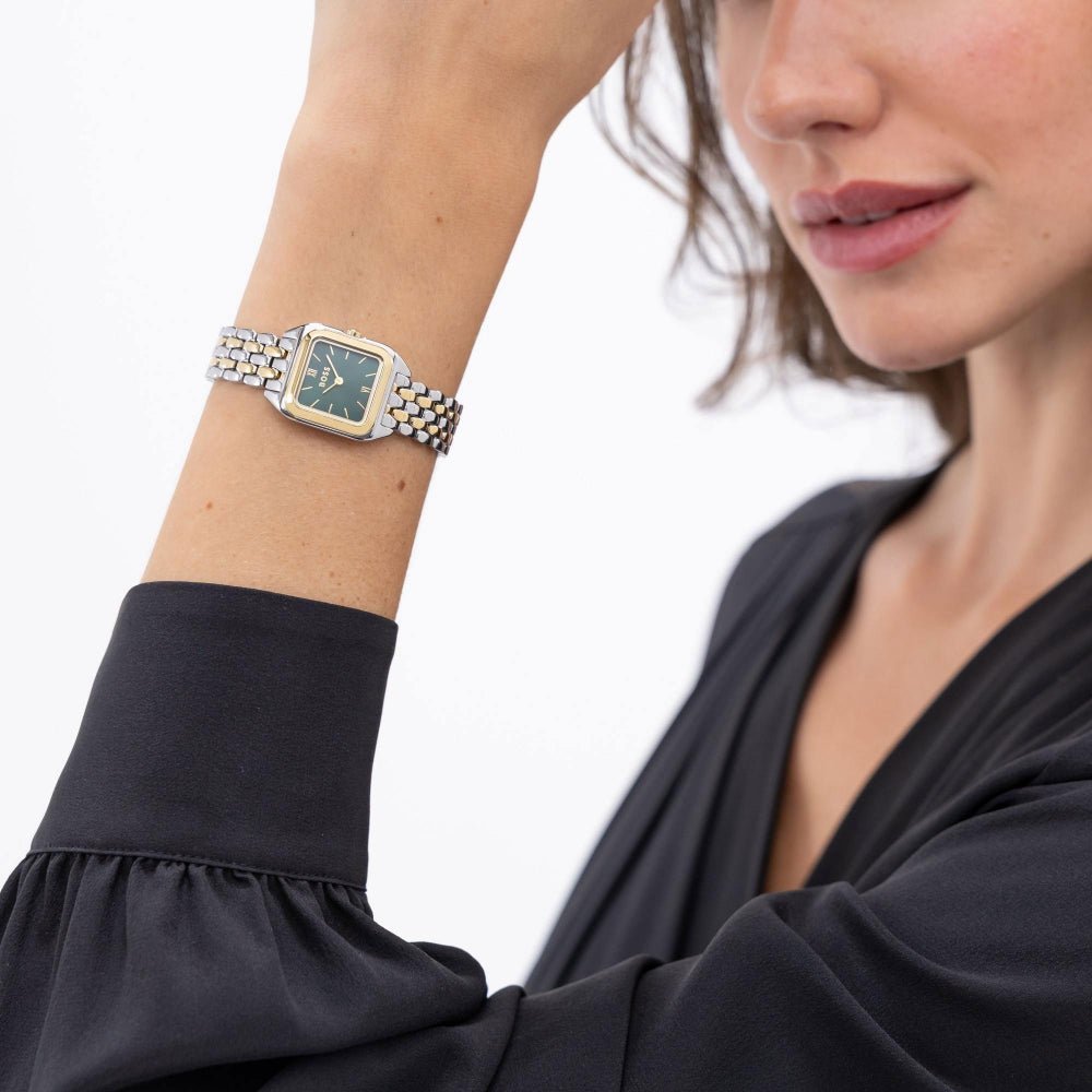 Boss Gold and Silver Green Mae Petite Rectangle Womens Soft Square Bracelet Watch - MococoHugo Boss1502822885997645249Watches and Accessories