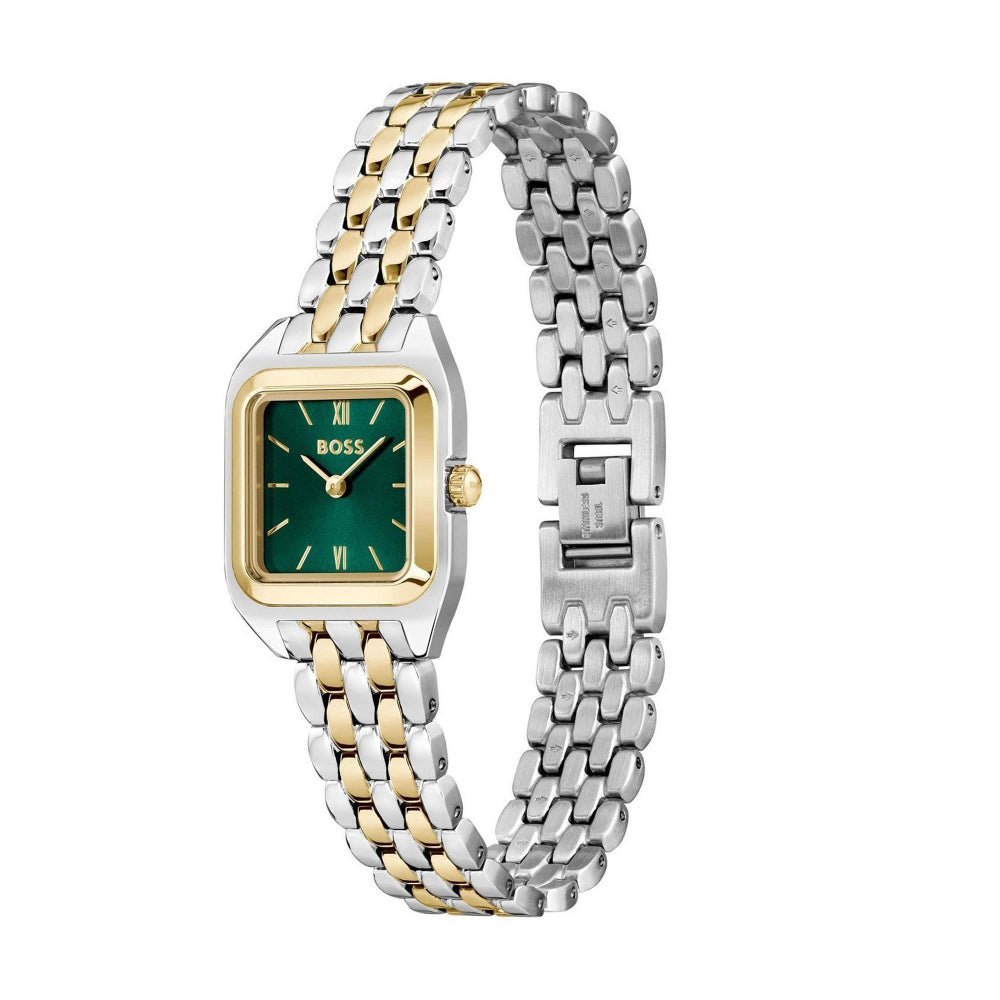 Boss Gold and Silver Green Mae Petite Rectangle Womens Soft Square Bracelet Watch - MococoHugo Boss1502822885997645249Watches and Accessories