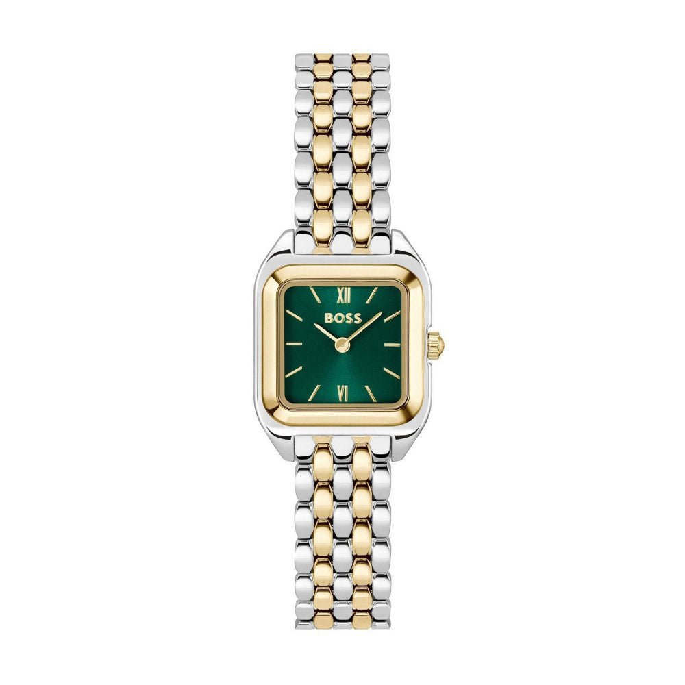 Boss Gold and Silver Green Mae Petite Rectangle Womens Soft Square Bracelet Watch - MococoHugo Boss1502822885997645249Watches and Accessories