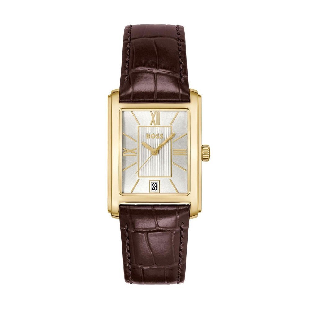 Boss Gold and Silver White Brown Principle Dress Rectangle Mens Leather Strap Watch - MococoHugo Boss1514300885997649216Watches and Accessories