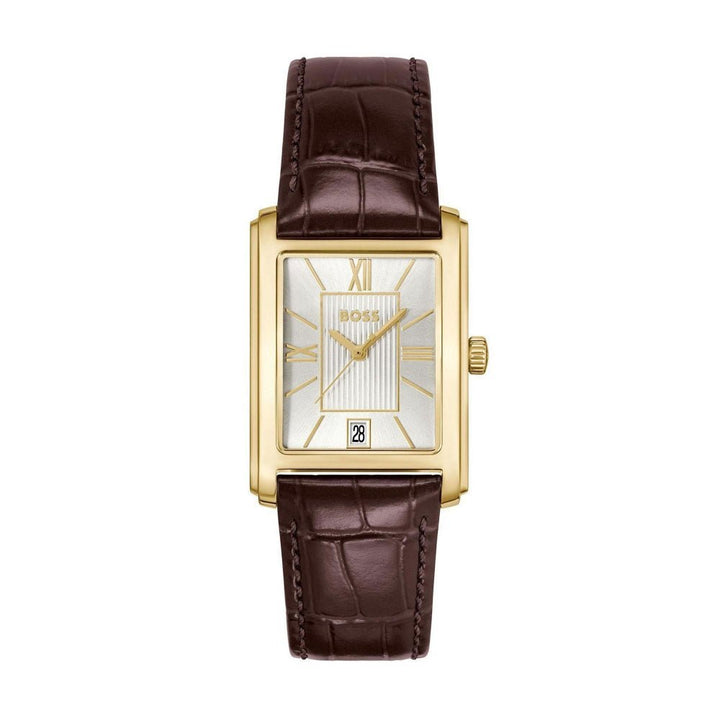 Boss Gold and Silver White Brown Principle Dress Rectangle Mens Leather Strap Watch - MococoHugo Boss1514300885997649216Watches and Accessories