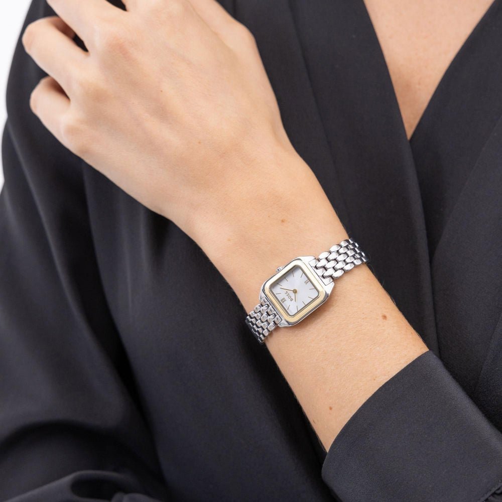 Boss Gold and Silver White Mae Petite Rectangle Womens Soft Square Bracelet Watch - MococoHugo Boss1502821885997645232Watches and Accessories