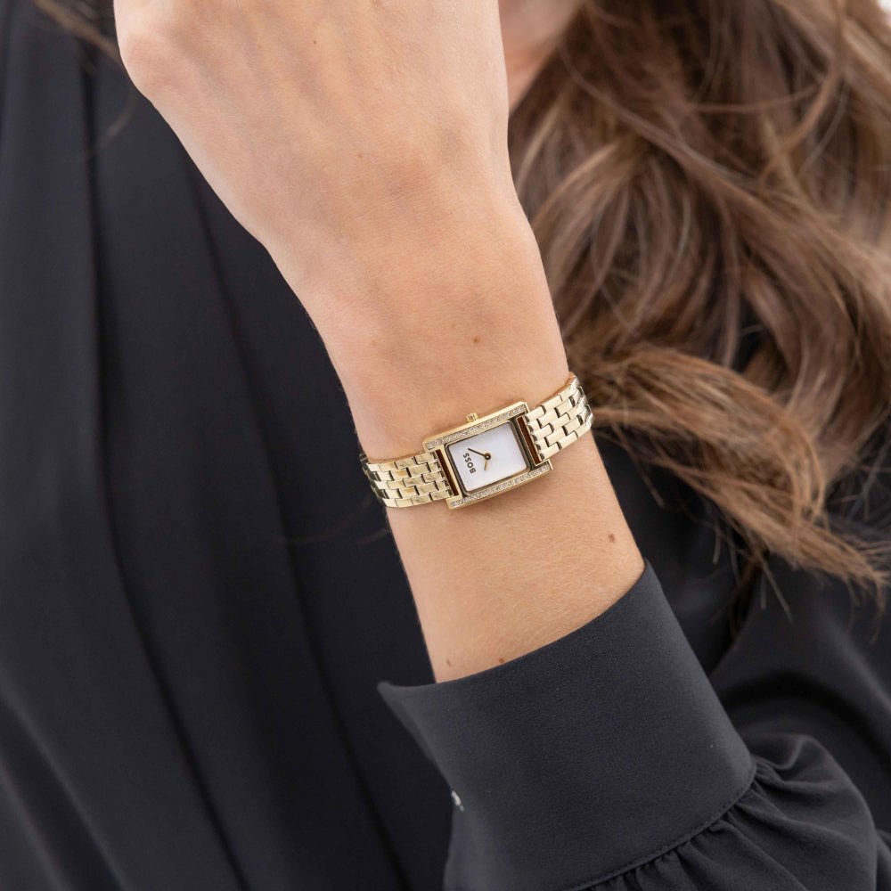 Boss Light Gold and White Lucy Precious Rectangle Womens IP Bracelet Watch - MococoHugo Boss1502815885997645171Watches and Accessories