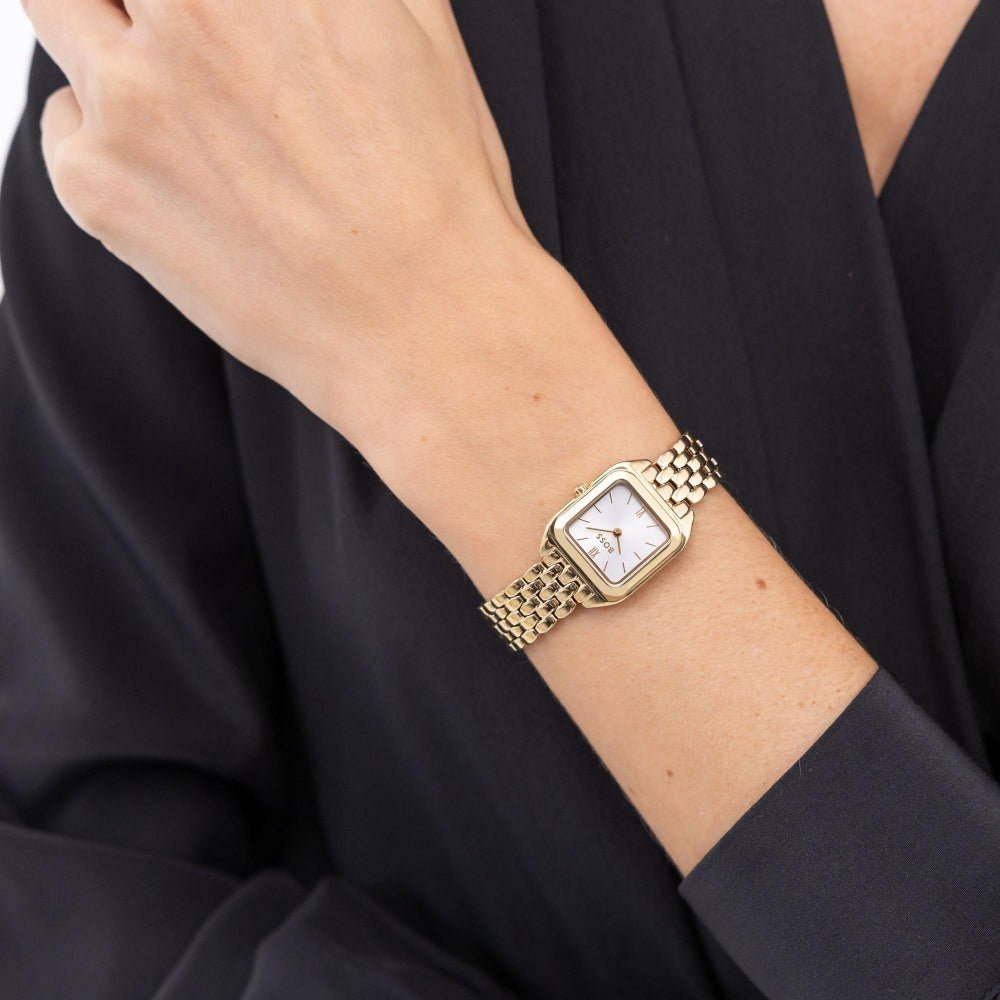 Boss Light Gold White Mae Petite Rectangle Womens Soft Square IP Bracelet Watch - MococoHugo Boss1502823885997645256Watches and Accessories