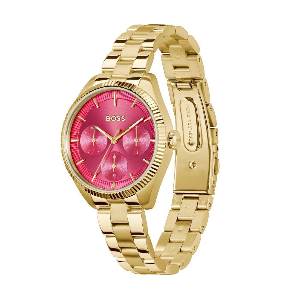 Boss Light Yellow Gold and Burgundy Sage Sport Round Womens IP Bracelet Watch - MococoHugo Boss1502805885997607926Watches and Accessories