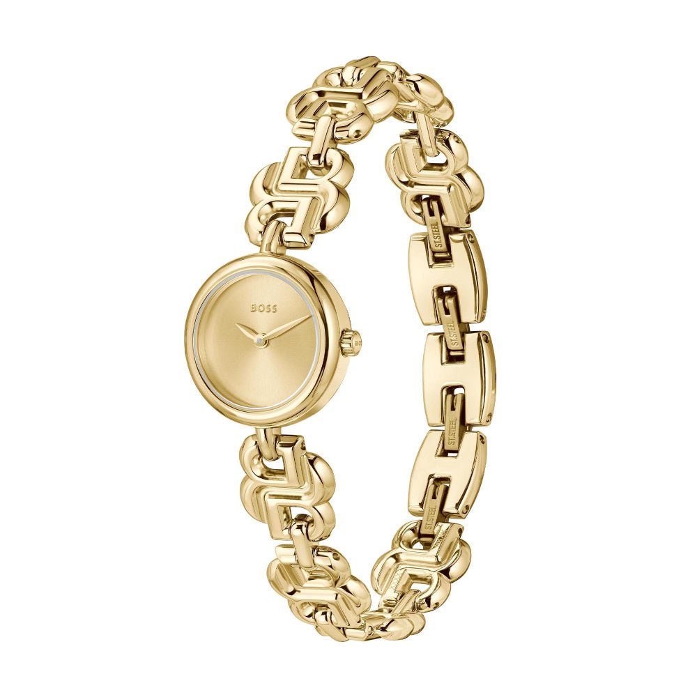 Boss Light Yellow Gold Double B Dressy Round Womens IP Bracelet Watch - MococoHugo Boss1502794885997607810Watches and Accessories