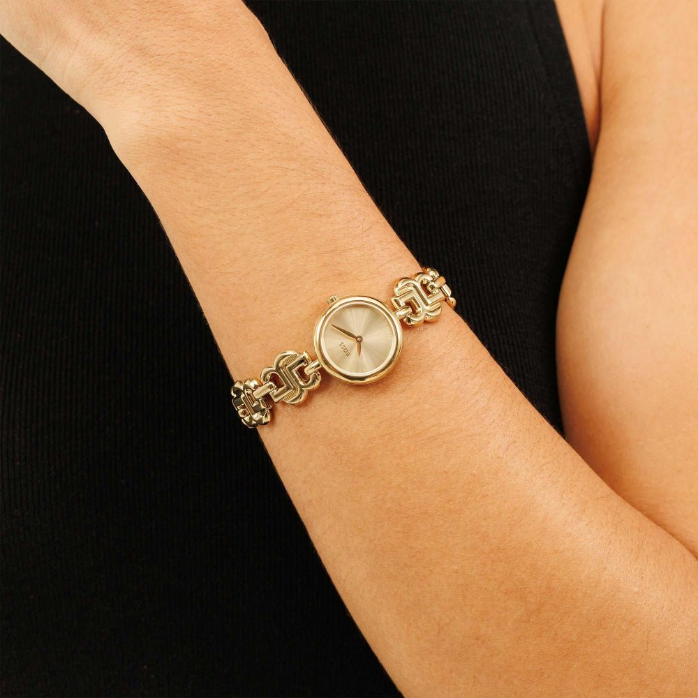 Boss Light Yellow Gold Double B Dressy Round Womens IP Bracelet Watch - MococoHugo Boss1502794885997607810Watches and Accessories
