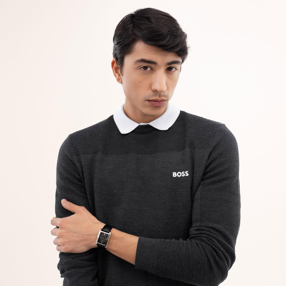Boss Silver and Black Principle Dress Rectangle Mens Leather Strap Watch - MococoHugo Boss1514277885997645485Watches and Accessories