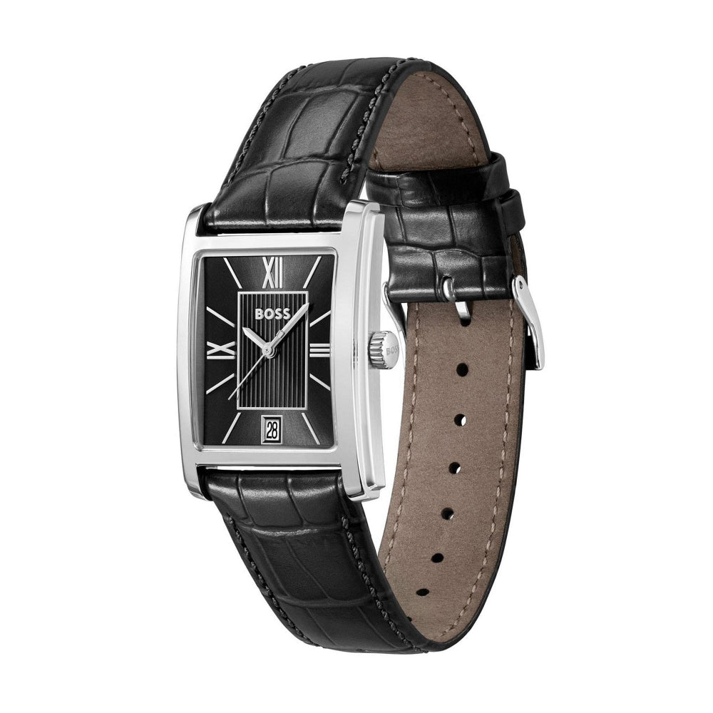 Boss Silver and Black Principle Dress Rectangle Mens Leather Strap Watch - MococoHugo Boss1514277885997645485Watches and Accessories