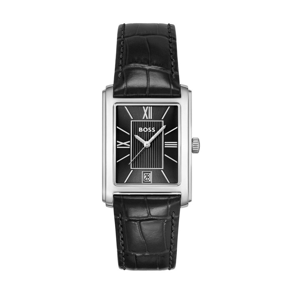 Boss Silver and Black Principle Dress Rectangle Mens Leather Strap Watch - MococoHugo Boss1514277885997645485Watches and Accessories