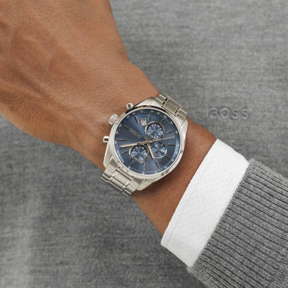 Boss Silver and Blue Grand Prix 44 Round Mens Bracelet Watch - MococoHugo Boss1514226885997608015Watches and Accessories
