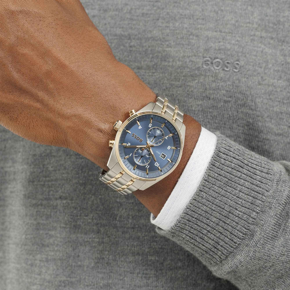 Boss Silver and Blue Skytraveller Round Mens Bi Colour Chronograph Watch - MococoHugo Boss1514247885997613538Watches and Accessories