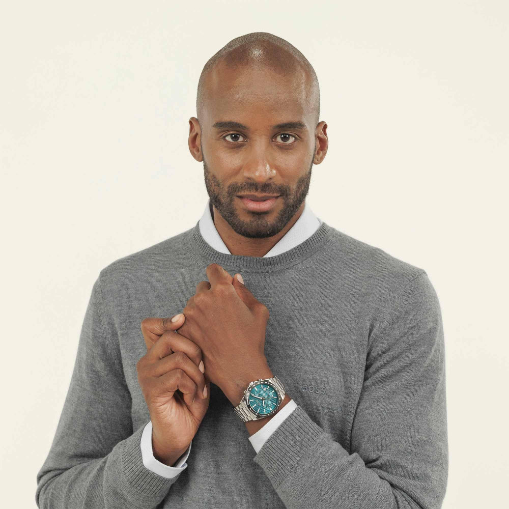 Boss Silver and Green Strike Round Mens Chronograph Watch - MococoHugo Boss1514241885997608169Watches and Accessories