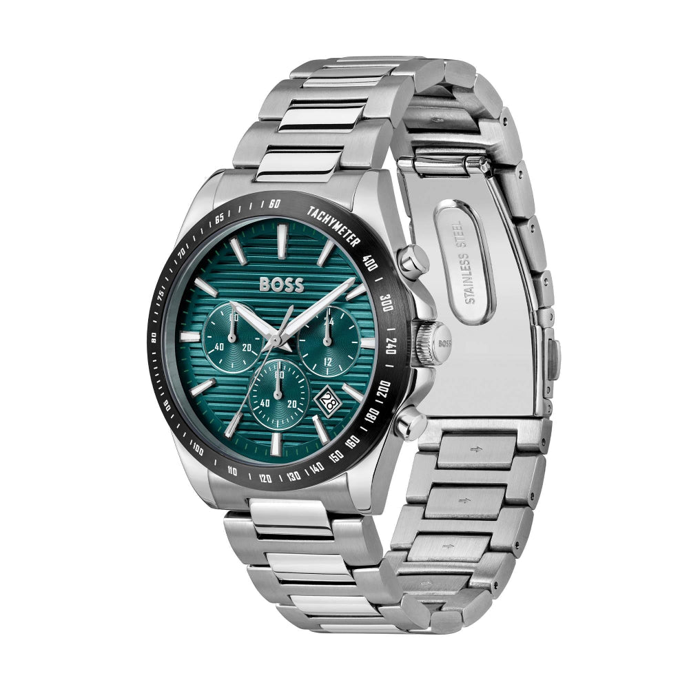 Boss Silver and Green Strike Round Mens Chronograph Watch - MococoHugo Boss1514241885997608169Watches and Accessories