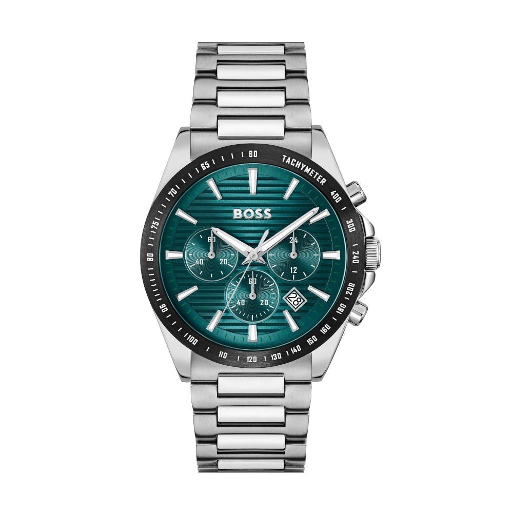 Boss Silver and Green Strike Round Mens Chronograph Watch - MococoHugo Boss1514241885997608169Watches and Accessories