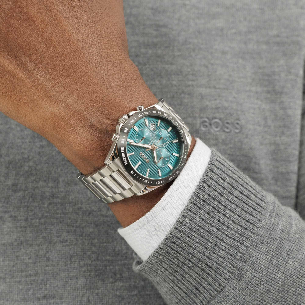 Boss Silver and Green Strike Round Mens Chronograph Watch - MococoHugo Boss1514241885997608169Watches and Accessories