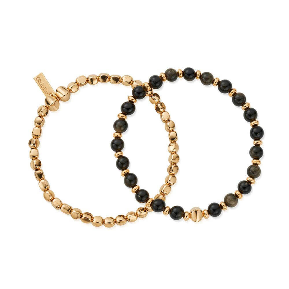 ChloBo 18CT Gold Plated Men's Obsidian Style Set Of 2 - MococoChloBoGBSETGOM9508485592641Bracelets