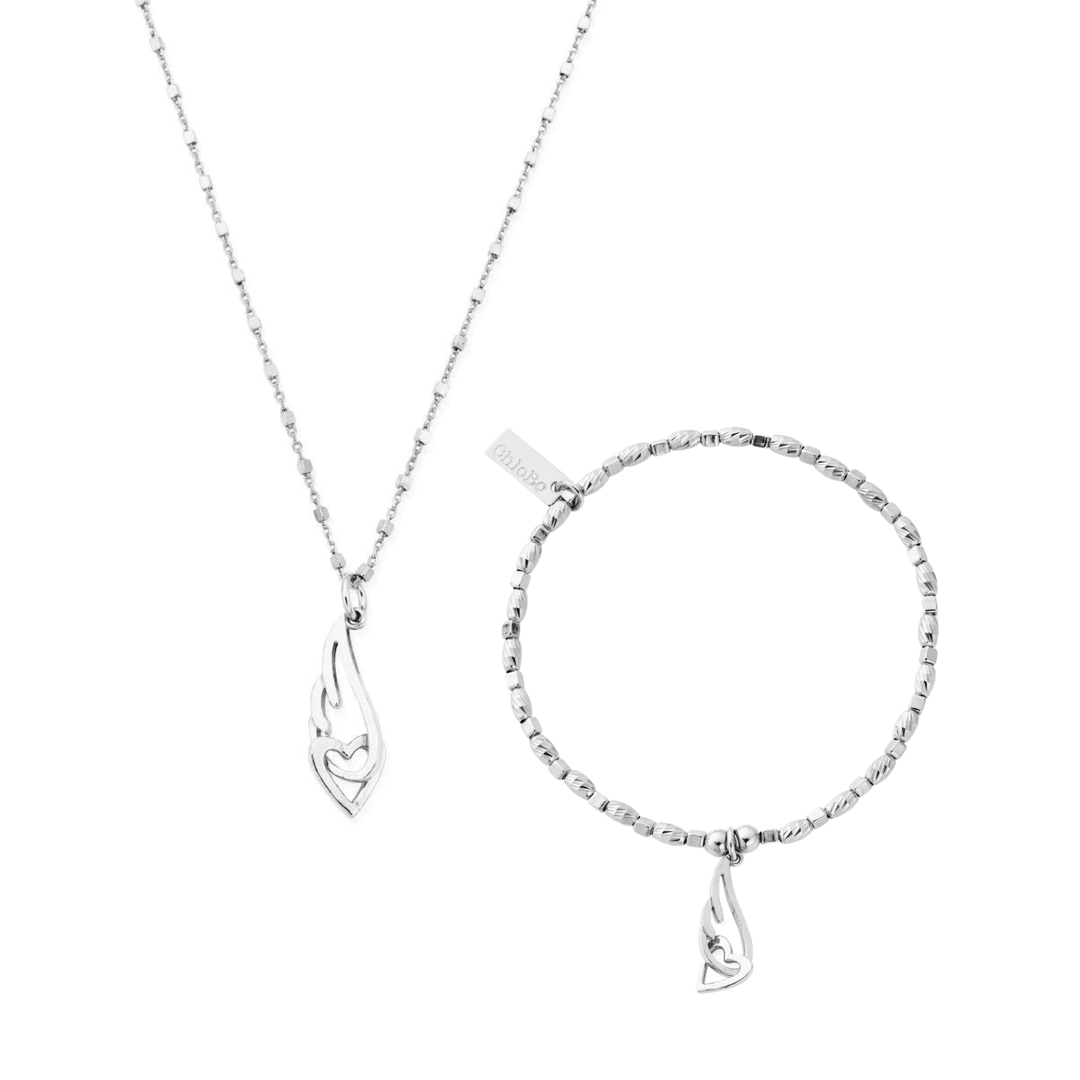 ChloBo Silver Interlocking Angel Wing and Heart Necklace & Bracelet Set - MococoChloBoJewellery Sets