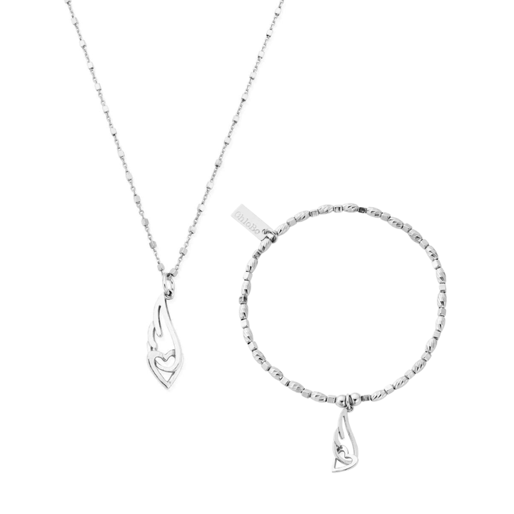 ChloBo Silver Interlocking Angel Wing and Heart Necklace & Bracelet Set - MococoChloBoJewellery Sets