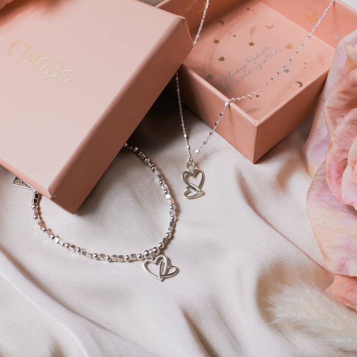 Chlobo Silver Interlocking Love Heart Necklace & Bracelet Set - MococoChloBoJewellery Sets