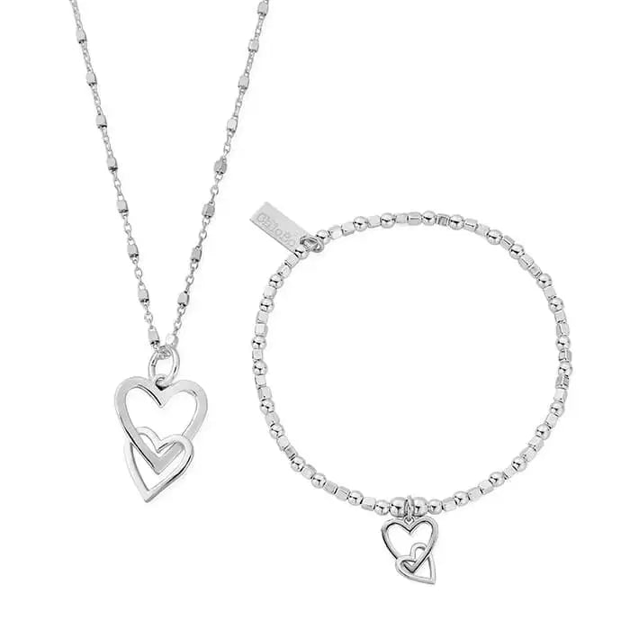 Chlobo Silver Interlocking Love Heart Necklace & Bracelet Set - MococoChloBoJewellery Sets