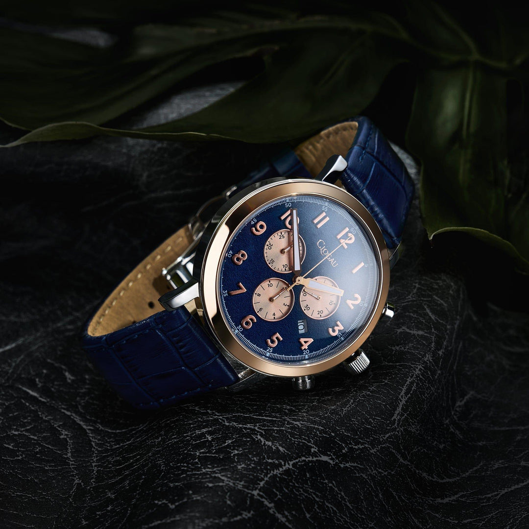 Clogau Gwynant Rose Gold Navy Blue Dial Leather Strap Men's Watch - MococoClogau4S000425051537381624Watches and Accessories