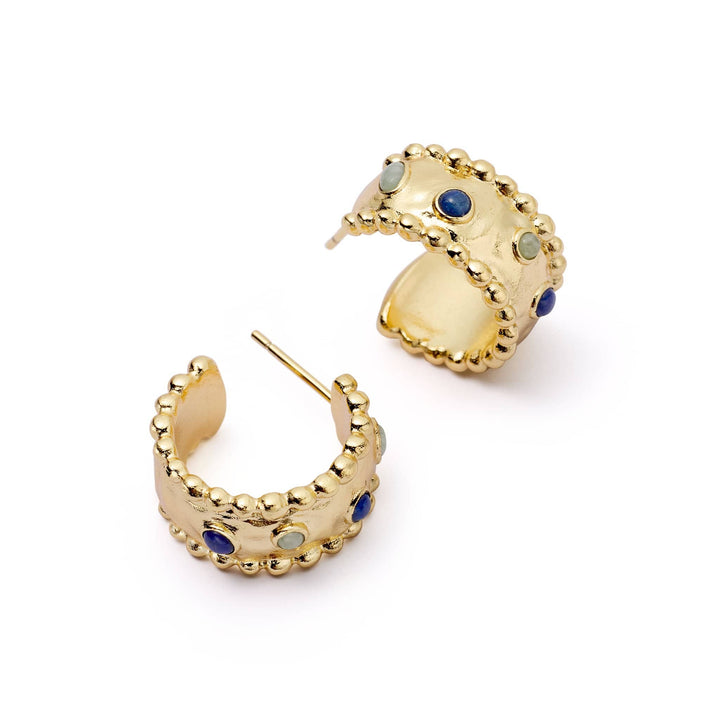 Daisy Dazzling Amulet Stone Hoop Earrings: 18ct Gold Plate with Lapis &amp; Amazonite - MococoDaisy LondonSE18_GP5056104135365Earrings