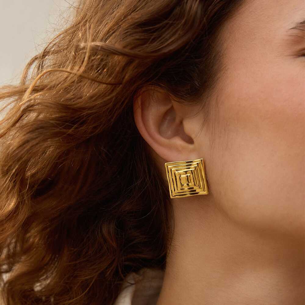 Daisy London Gold Plate Oversized Strata Square Studs Earrings Additional Image - 1