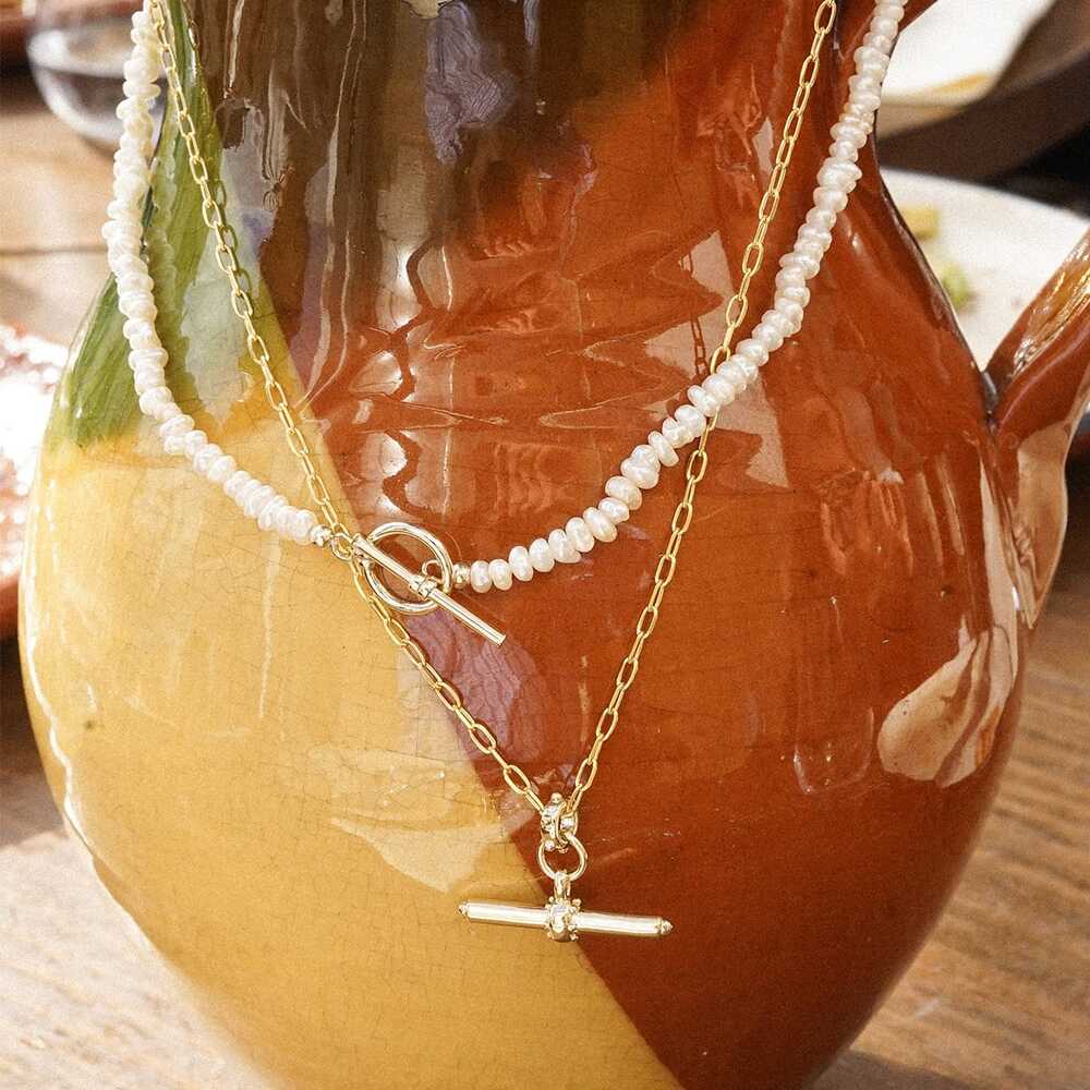Daisy London Gold Plate Polly Beach Pearl T Bar Necklace Additional Image - 4