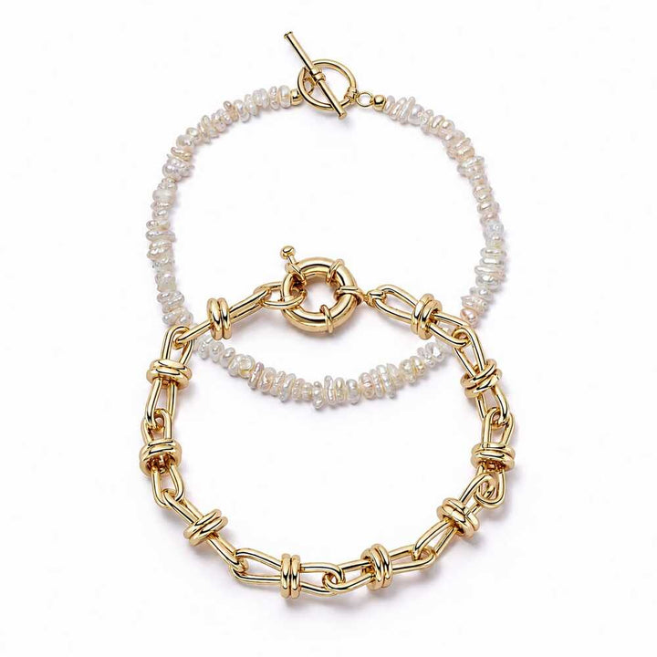 Daisy London Gold Plate Polly Knot Chain And Beach Pearl Bracelet Set