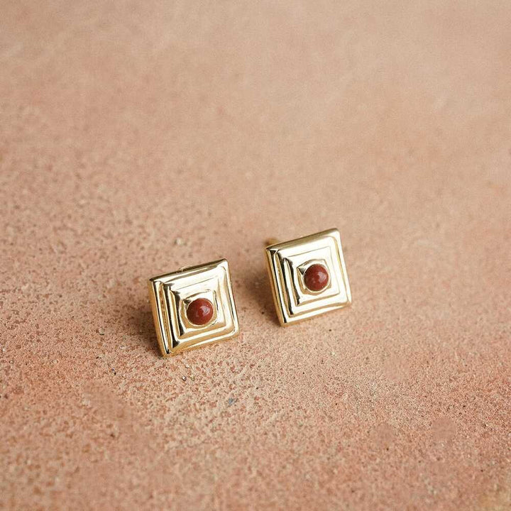 Daisy London Gold Plate Red Jasper Mini Square Stud Earrings Additional Image - 2