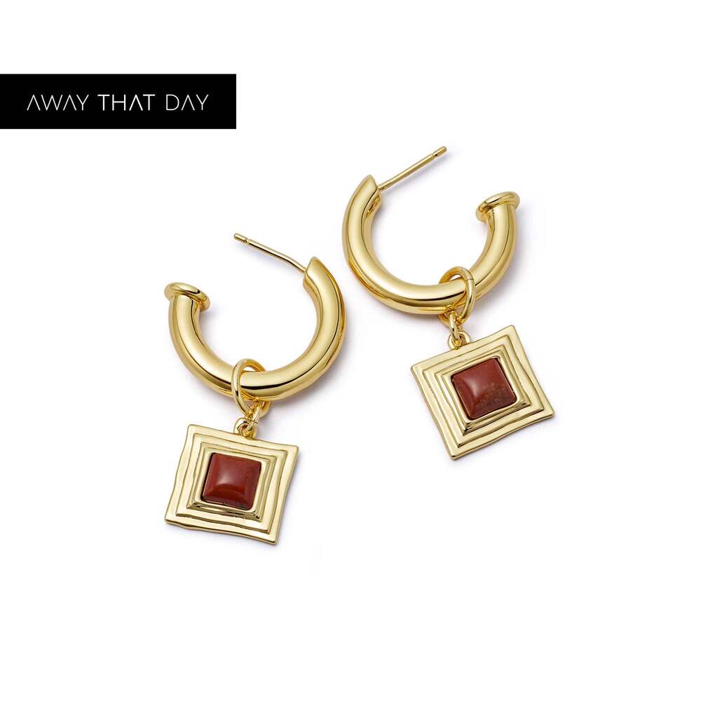 Daisy London Gold Plate Red Jasper Square Chubby Hoop Earrings