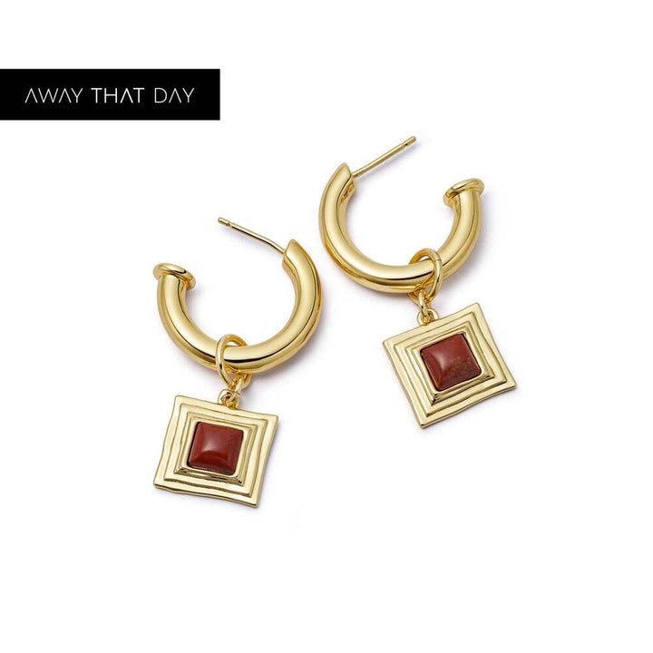Daisy London Gold Plate Red Jasper Square Chubby Hoop Earrings