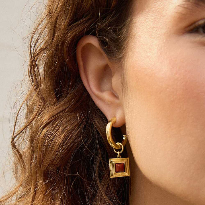 Daisy London Gold Plate Red Jasper Square Chubby Hoop Earrings Additional Image - 1