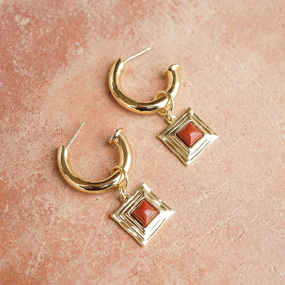 Daisy London Gold Plate Red Jasper Square Chubby Hoop Earrings Additional Image - 2