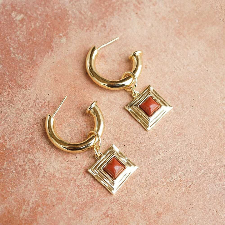 Daisy London Gold Plate Red Jasper Square Chubby Hoop Earrings Additional Image - 2
