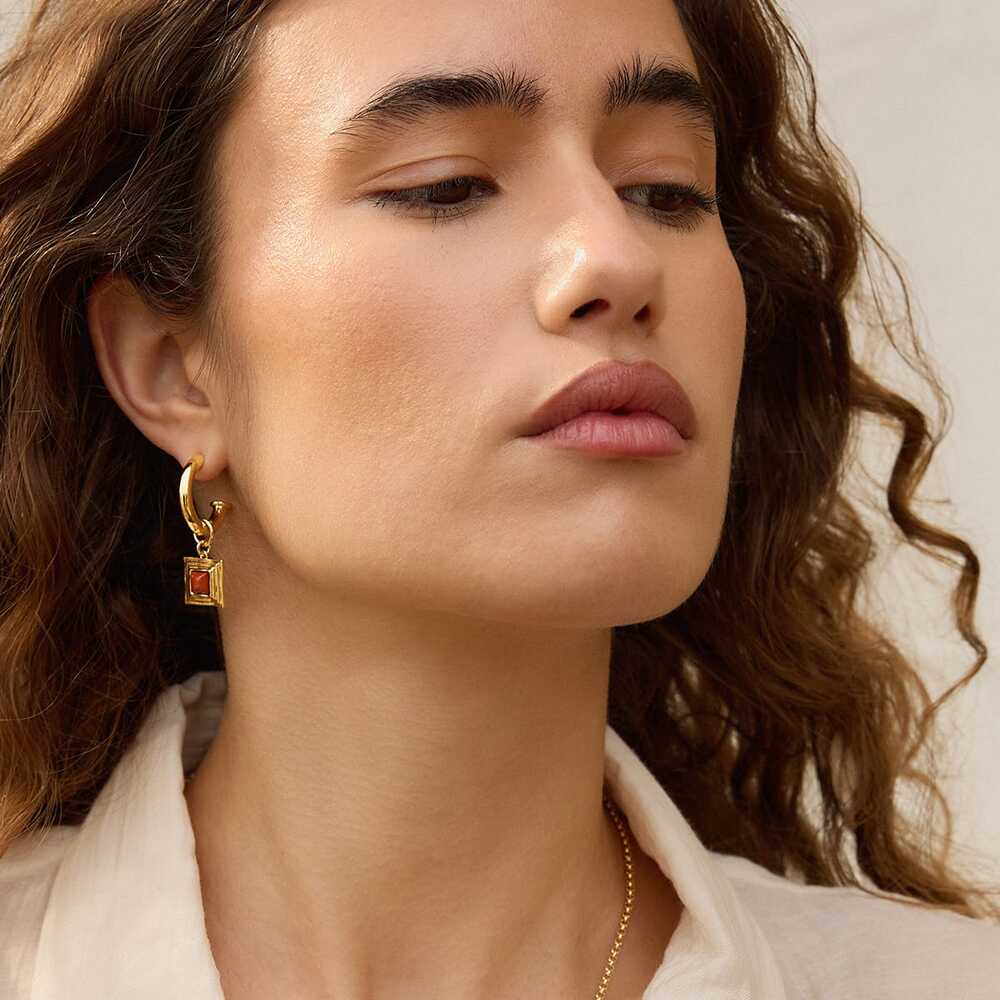 Daisy London Gold Plate Red Jasper Square Chubby Hoop Earrings Additional Image - 3