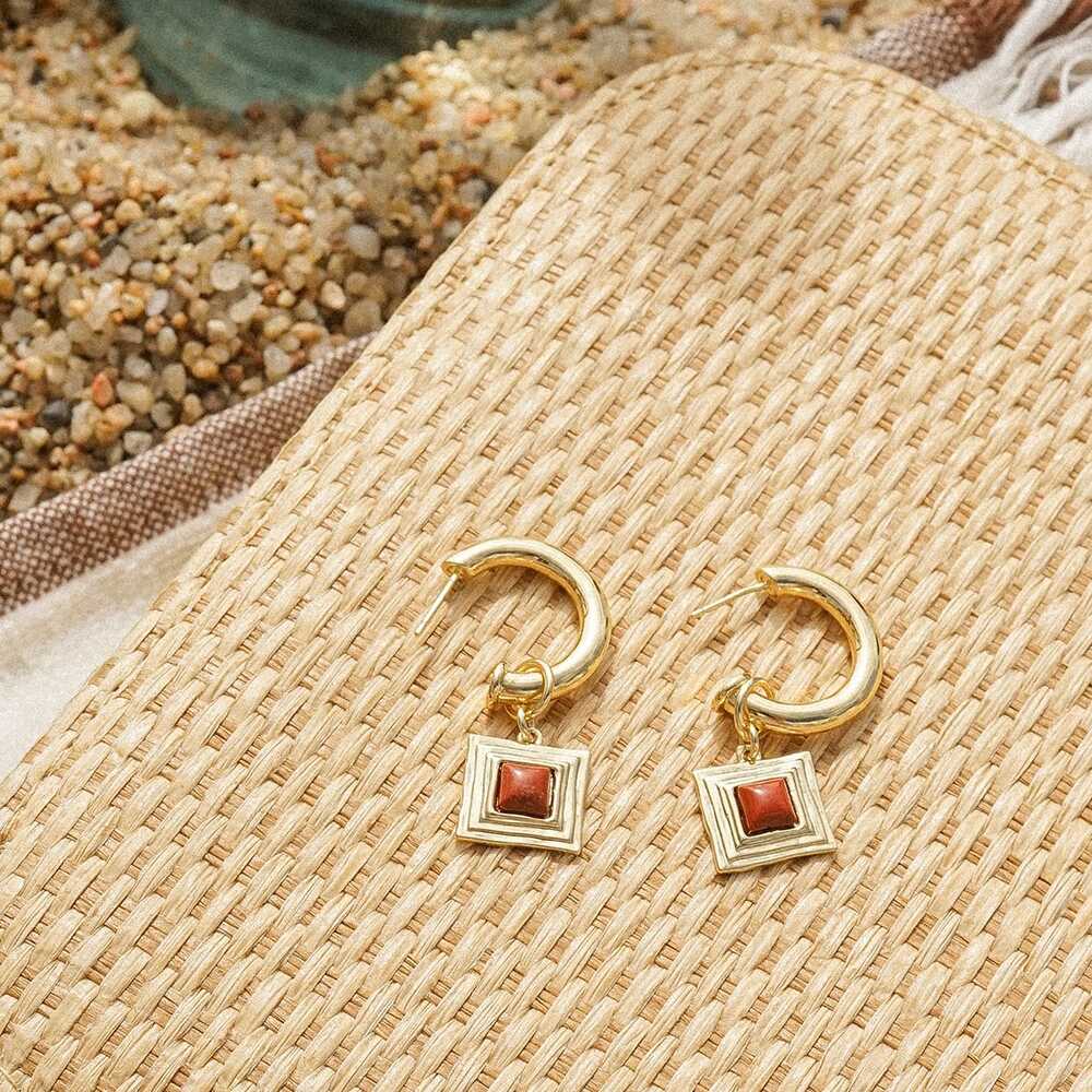 Daisy London Gold Plate Red Jasper Square Chubby Hoop Earrings Additional Image - 4