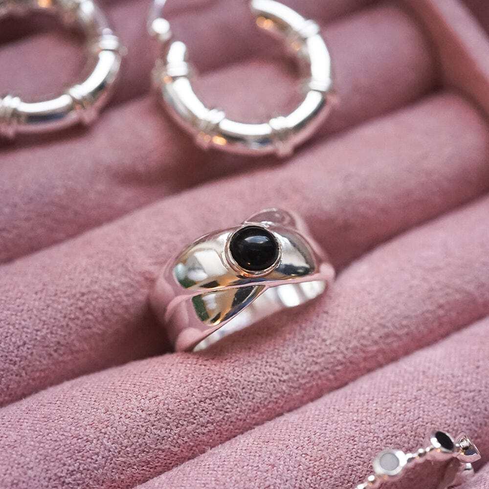 Daisy London Silver Plate Polly Black Onyx Chunky Band Ring Additional Image - 2