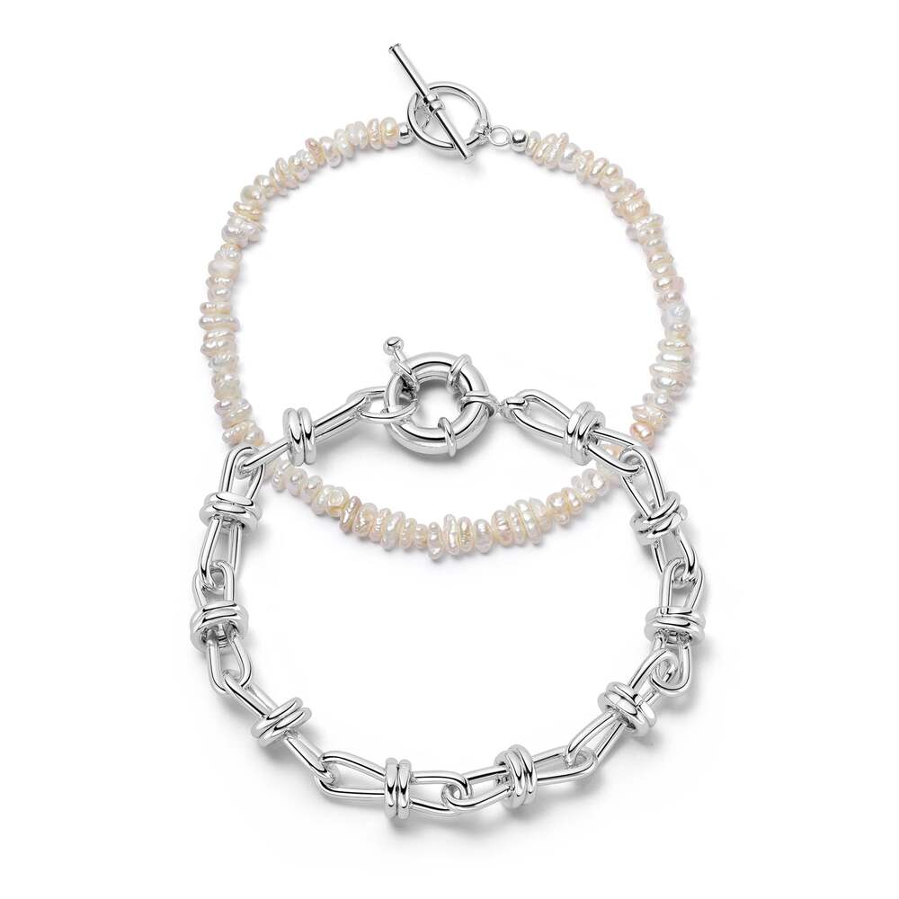 Daisy London Silver Plate Polly Knot Chain And Beach Pearl Bracelet Set