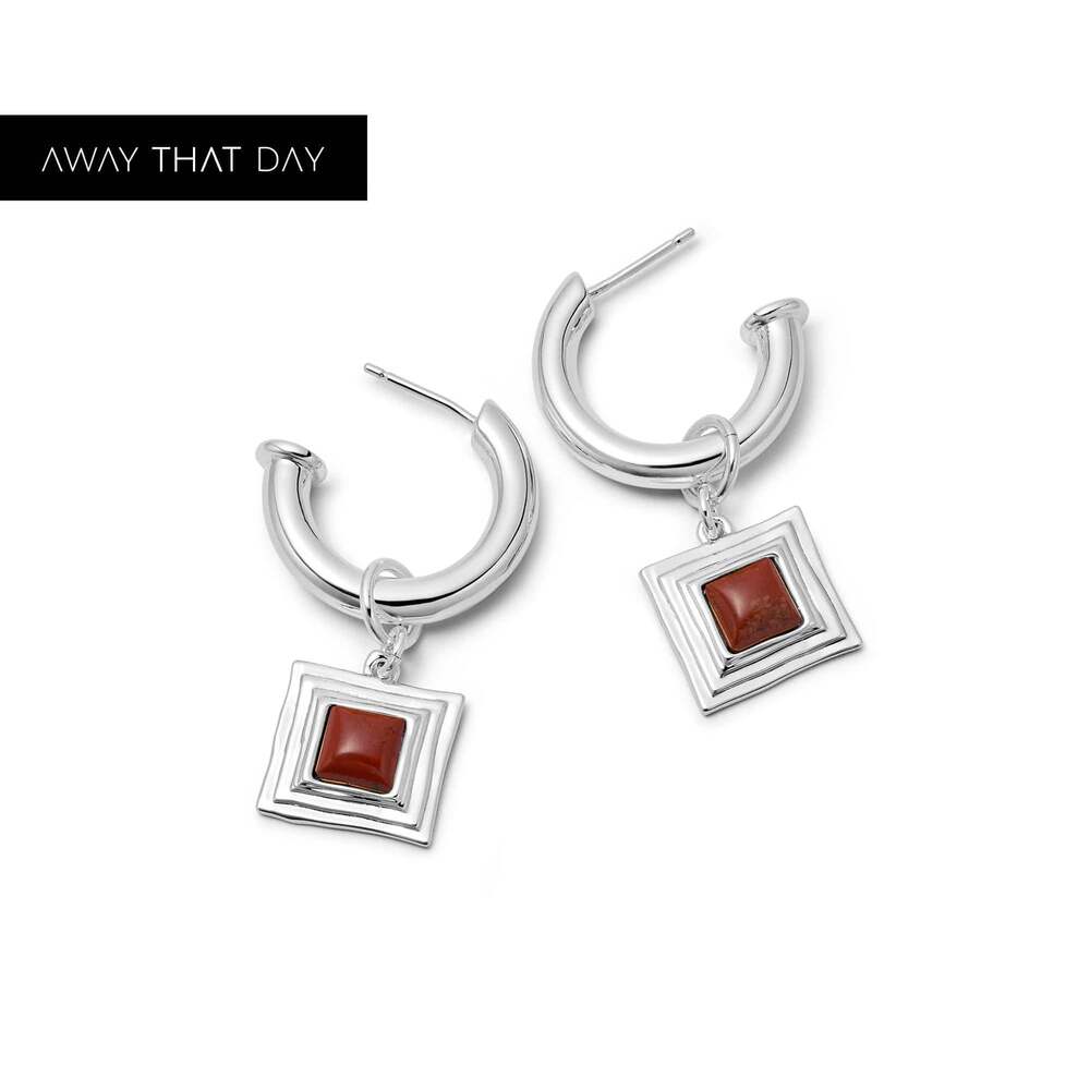 Daisy London Silver Plate Red Jasper Square Chubby Hoop Earrings