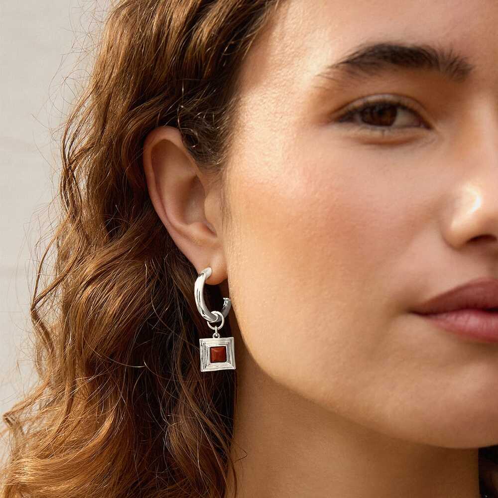 Daisy London Silver Plate Red Jasper Square Chubby Hoop Earrings Additional Image - 1