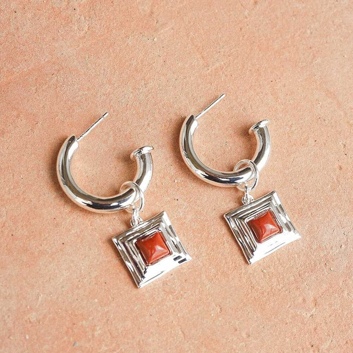Daisy London Silver Plate Red Jasper Square Chubby Hoop Earrings Additional Image - 2