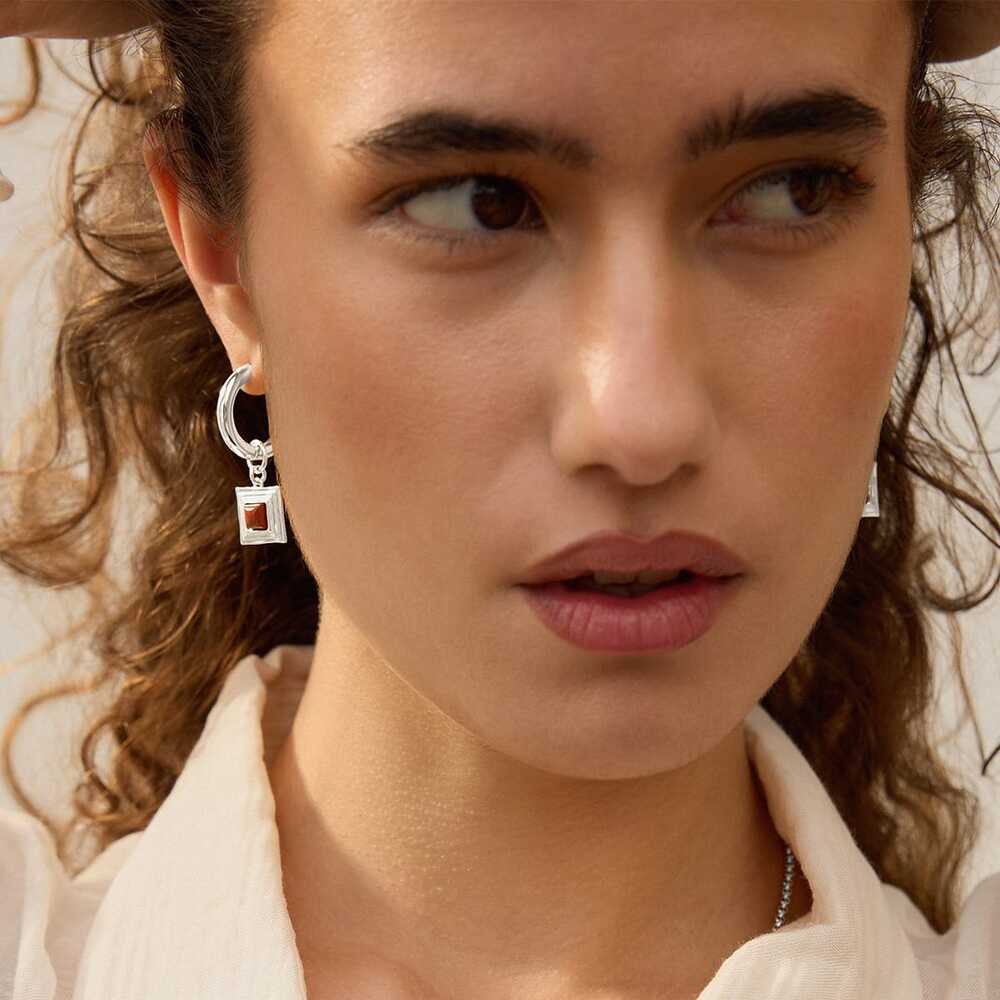 Daisy London Silver Plate Red Jasper Square Chubby Hoop Earrings Additional Image - 3